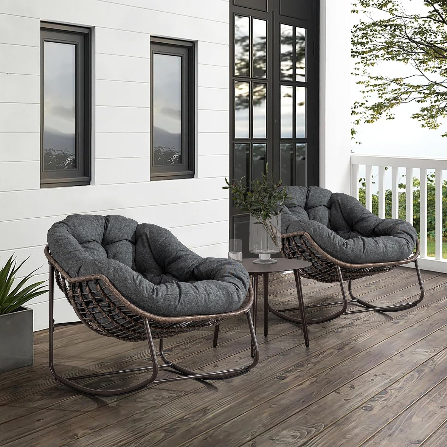 Rattan Outdoor Rocking Chair, Wicker Patio Egg Rocking Chair with Detachable Cushion, Indoor Papasan Chair for Living Room, Garden, Patio, Gray