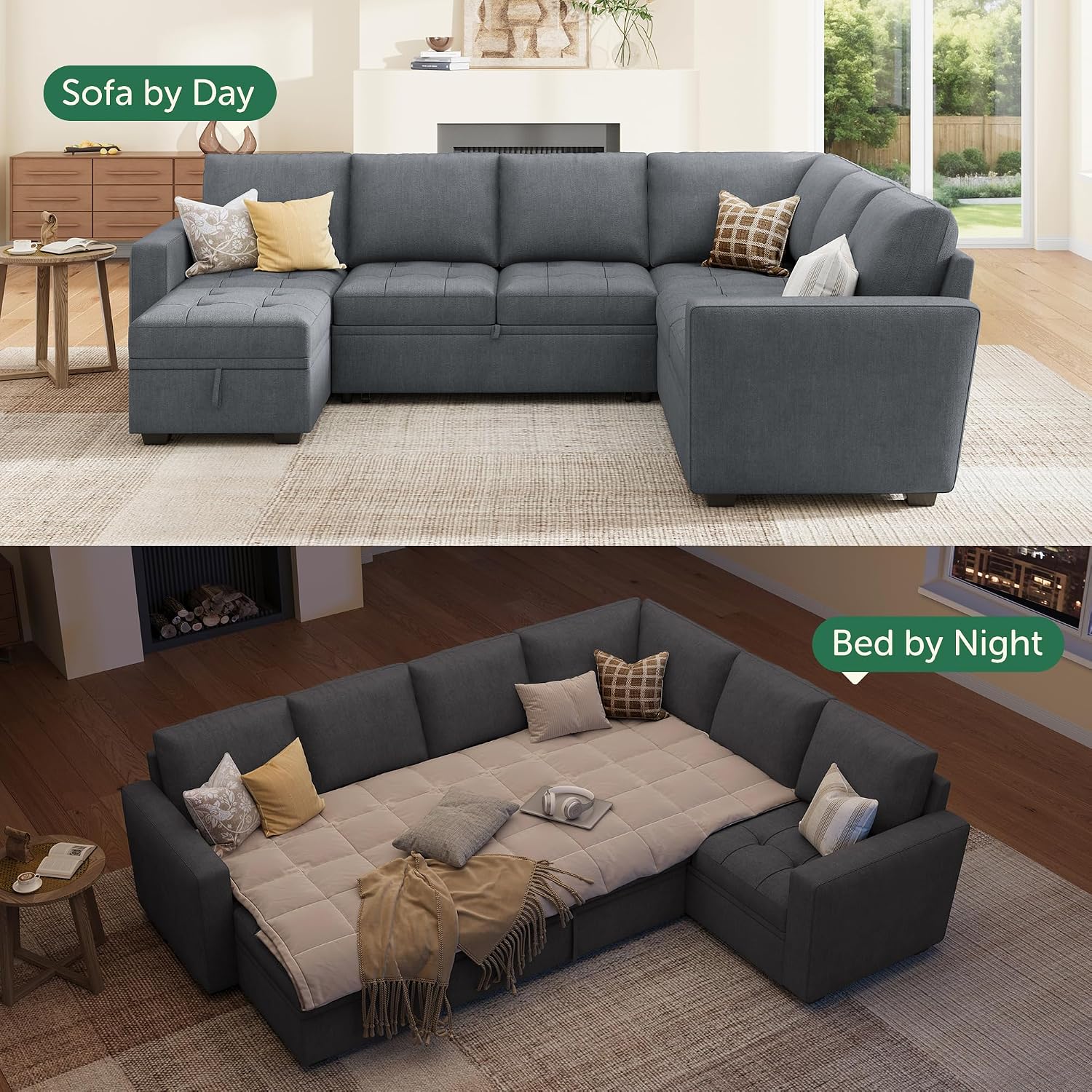 HONBAY Modular Sectional Couch with Pull Out Bed,Moduar Sleeper Sofa with Storage,U Shaped Sectional Couches for Living Room,Bluish Grey