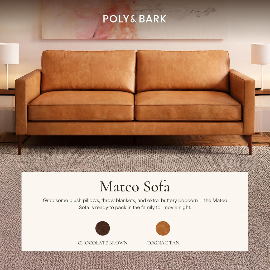 Poly & BARK Mateo 82' Sofa – Cognac Tan Full-Grain Pure-Aniline Italian Leather, Feather-Down Cushions, Solid Wood Frame & Walnut Legs