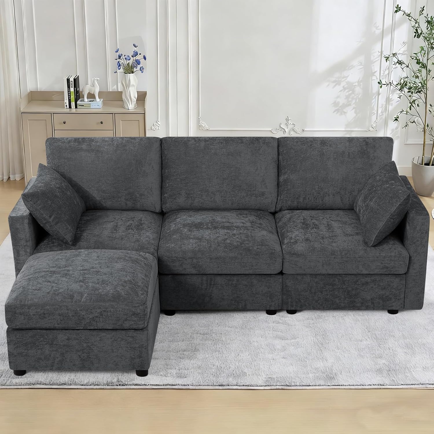84' Chenille 3-Seats Sofa W/Movable Ottoman, Modern Fabric L-Shaped Couch w/Soft Backrests, Upholstered Sectional Sofa w/Arm Pillows for Living Room, Office, Grey