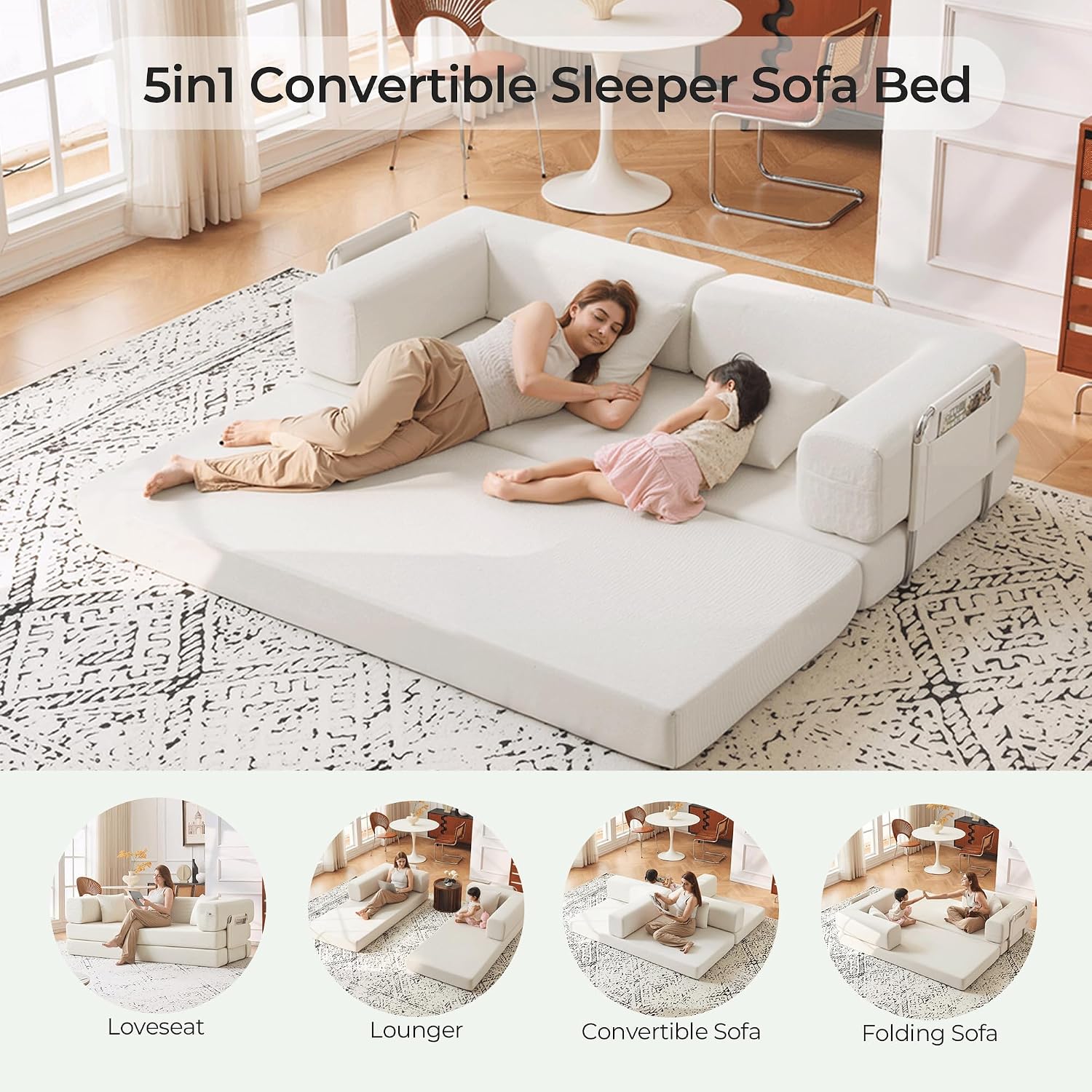 Carzzi-Life 79' Convertible Sofa Bed with Pillows, Corduroy Folding Sleeper Sofa with Fixed-Shape Frame, Boneless Couch for Living Room Bedroom, Floor Sofa Lounge No Assembly Required (Beige)