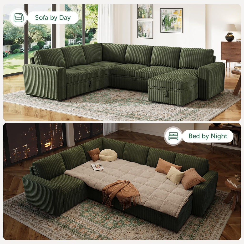HONBAY Modular Sectional Sleeper Sofa with Pull Out Bed,Corduroy U Shaped Couch with Storage, Sectional Couches for Living Room,Green