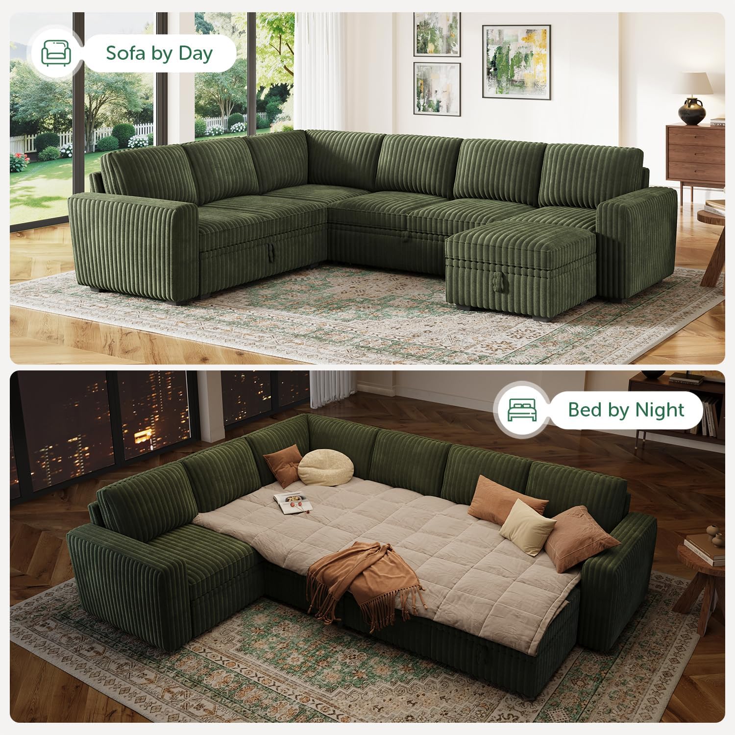 HONBAY Modular Sectional Sleeper Sofa with Pull Out Bed,Corduroy U Shaped Couch with Storage, Sectional Couches for Living Room,Green