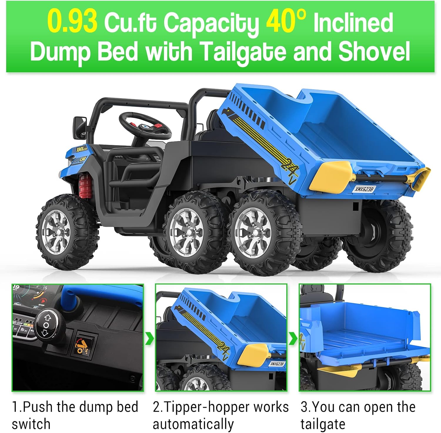 Hetoy 24V 2-Seater Ride On Dump Truck with Parent Remote Control, 4WD 6-Wheel Electric Car for Big Kids, UTV Style Dump Bed & Music Horn, ASTM/CPSIA Certified (Ages 3+)