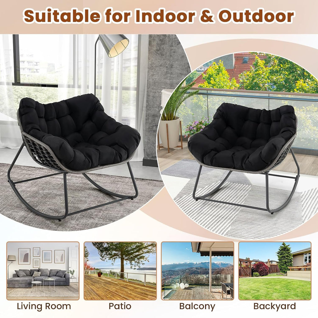 Giantex Outdoor Rocking Chair with Padded Cushion, Oversized Papasan Chair, PE Rattan, Egg Rocker for Reading, Front Porch, Garden, Patio, Backyard (1,Black)