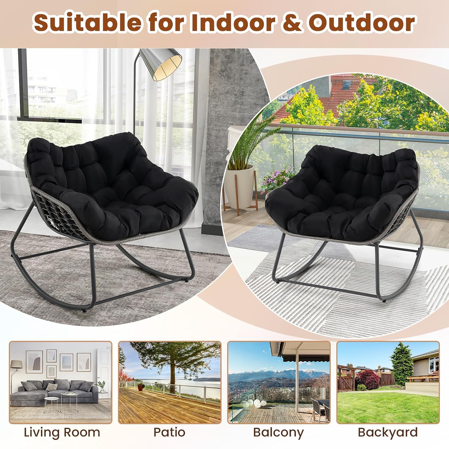 Giantex Set of 2 Outdoor Rocking Chair with Padded Cushion, Oversized Papasan Chair, PE Rattan, Egg Rocker for Reading, Front Porch, Garden, Patio, Backyard (Black)
