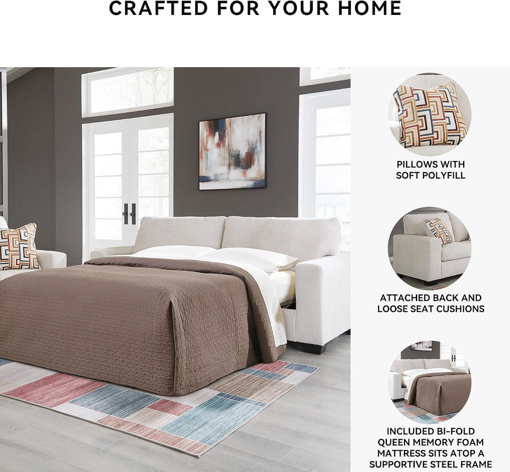 Signature Design by Ashley Aviemore Coastal Sofa Sleeper with Folding Memory Foam Mattress and 2 Accent Pillows, Queen, Beige