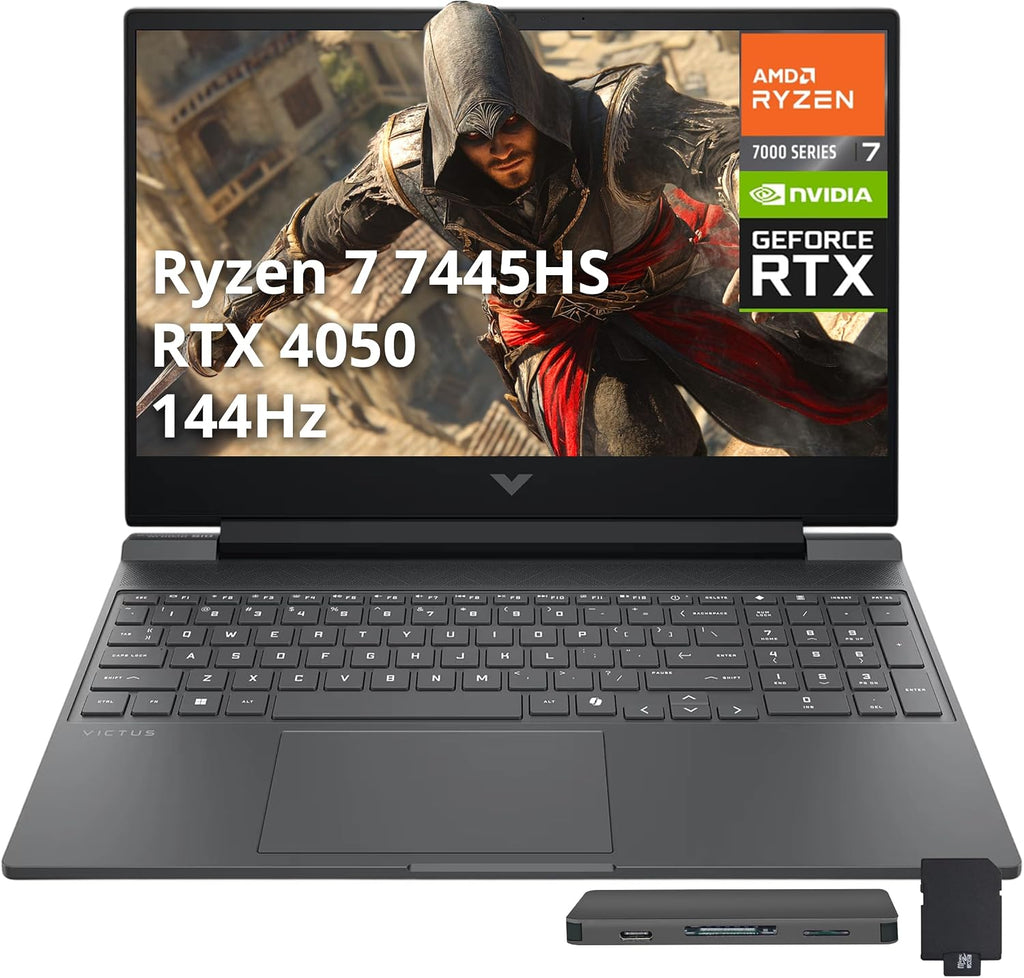HP Victus 15.6' FHD 144Hz Gaming Laptop, AMD Ryzen 7 7445HS, NVIDIA GeForce RTX 4050, 16GB DDR5, 512GB PCIe SSD, Backlit Keyboard, Numeric Keypad, Wi-Fi 6, Win 11, Silver, 256GB Docking Station Set