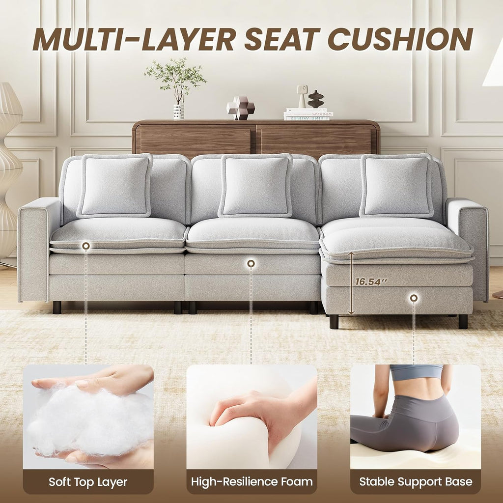 MALOL Modular Sectional Sofa 107', Comfy Cloud Couch with Ottoman, Deep 4-Seat L Shaped Modular Sofa, Couches with Throw Pillows for Living Room, Light Grey