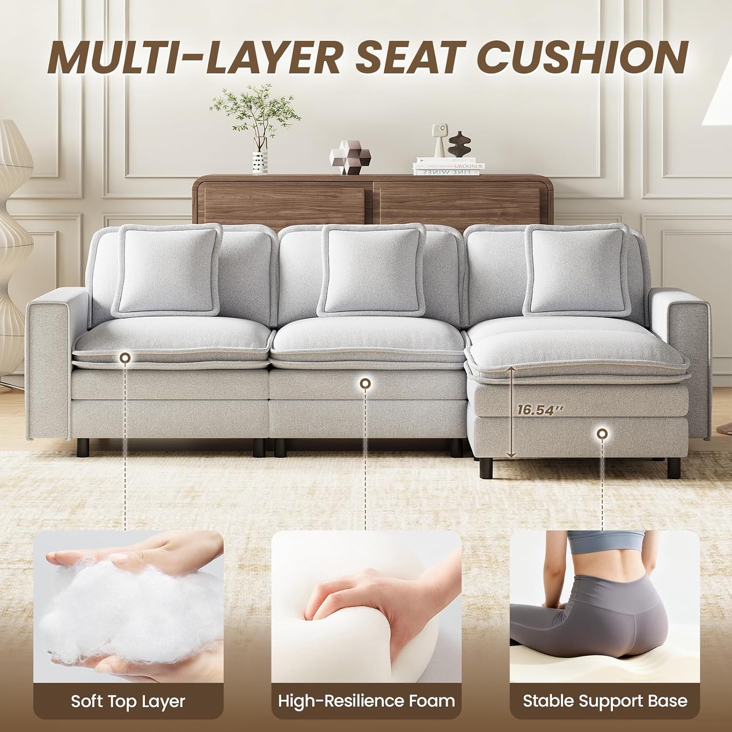 MALOL Modular Sectional Sofa 107', Comfy Cloud Couch with Ottoman, Deep 4-Seat L Shaped Modular Sofa, Couches with Throw Pillows for Living Room, Light Grey
