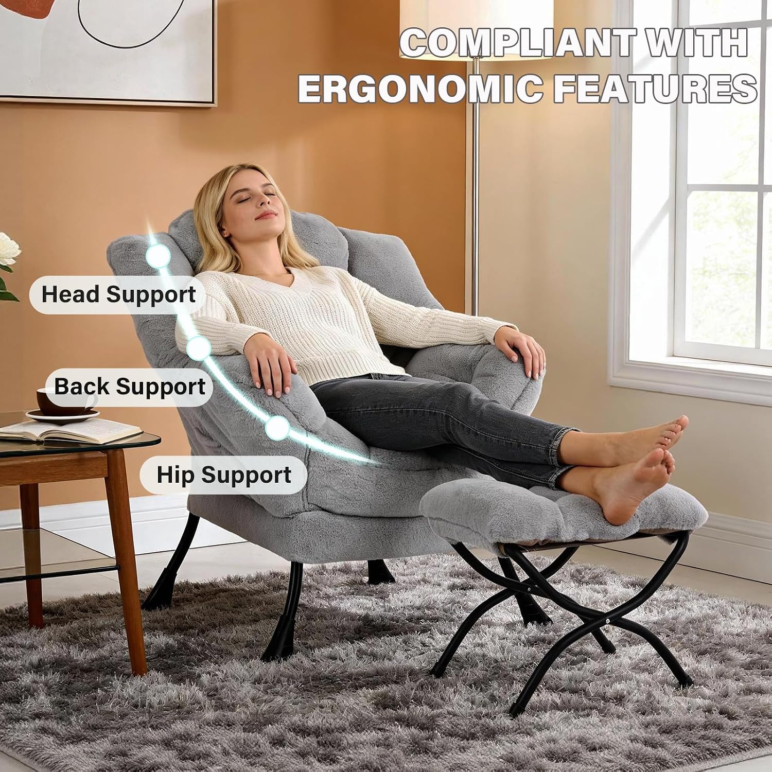 MBOOYOME Lazy Chair with Folding Ottoman, Modern Accent Armchair with Armrests and a Side Pocket & Foldable Footstool, Reading Chair for Living Room, Bedroom, Dorm & Office, Plush Grey