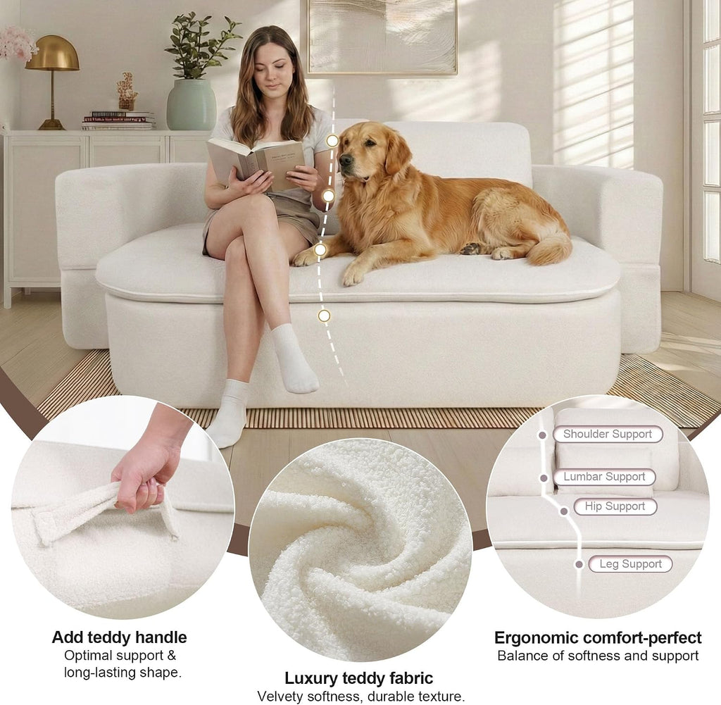 75'' Folding Sleeper Sofa Bed, Convertible Memory Foam Boneless Couch, Foldable Full Size Guest Bed, Modern 2-in-1 Futon Floor Sleeper Sofa with 4 Pillows and Blanket (Teddy, Beige2)