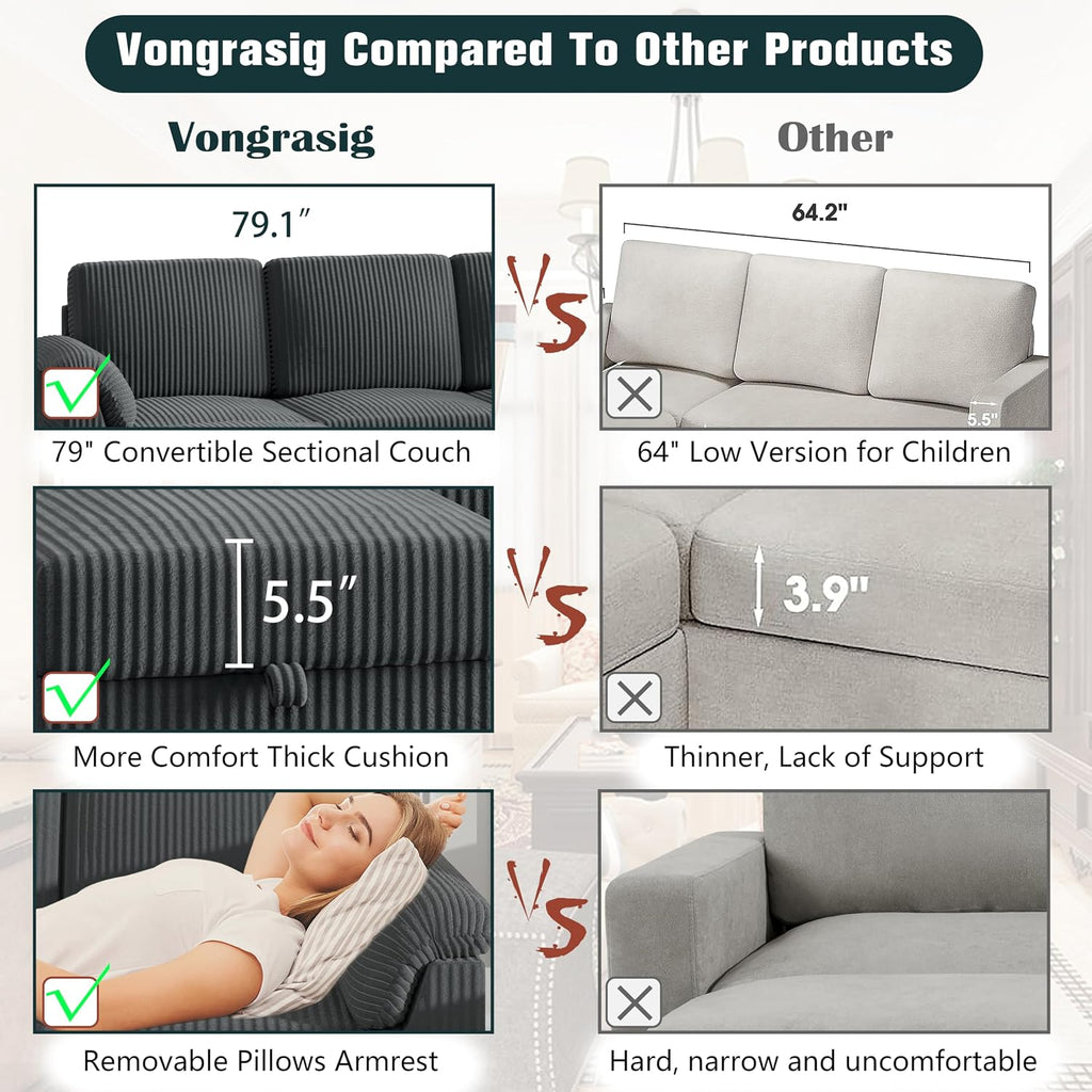 Vongrasig 79' Convertible Sectional Couches Sofa with Storage Ottoman, 3 Seat L Shaped Couch with Side Storage Pockage, Small Couches for Living Room, Apartment and Small Space, Grey