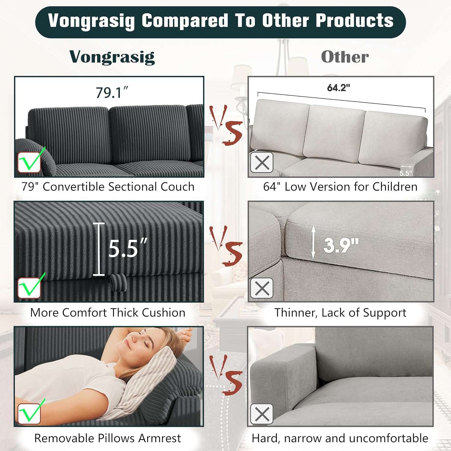 Vongrasig 79' Convertible Sectional Couches Sofa with Storage Ottoman, 3 Seat L Shaped Couch with Side Storage Pockage, Small Couches for Living Room, Apartment and Small Space, Grey