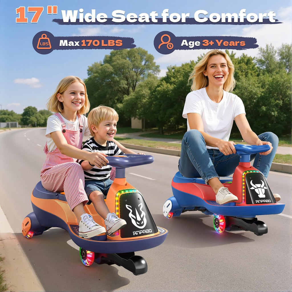 ANPABO 12V Electric Wiggle Car with Pedals, 2 Seater, 2x75W Motor, Music & Bluetooth, Ride On Toy for Kids Ages 3+, 170 Lbs, Orange