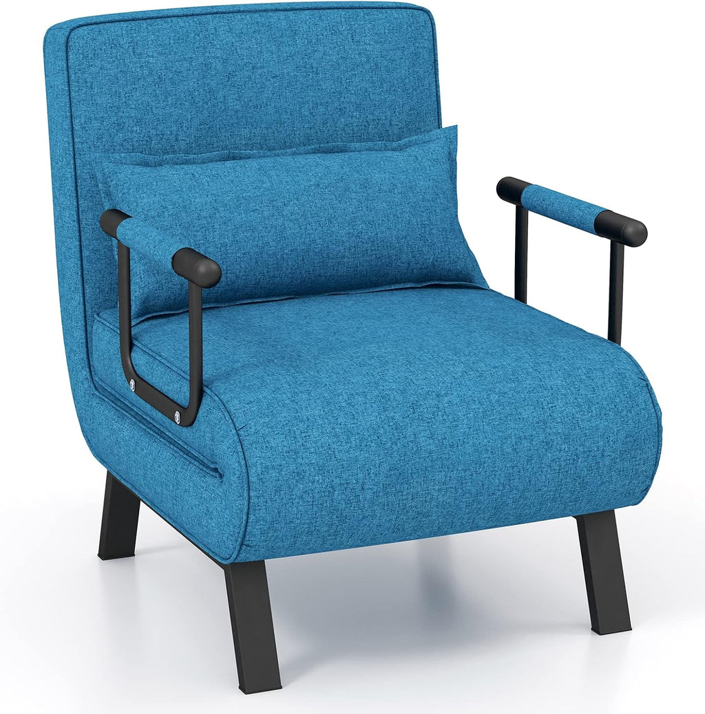 Giantex Convertible Sofa Bed, 4-in-1 Folding Sleeper Chair w/Pillow, Modern Recliner Guest Bed with 6 Positions Adjustable Backrest, Metal Legs, Linen Armchairs for Nursery Living Room Office (Blue)