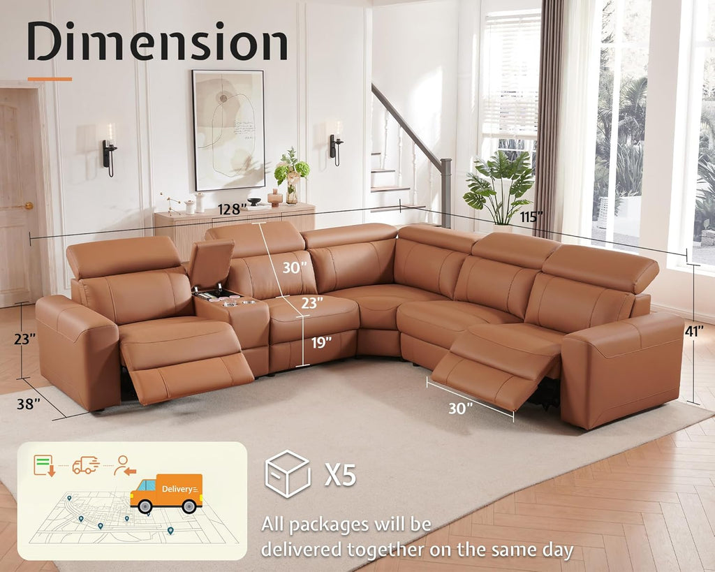 AMERLIFE Power Recliner Sectional Sofa with Storage/USB Port, Leather Recliner Sofa with Adjustable Headrest, Reclining Sectional Couches with Console and Cup Holder for Living Room (Brown, 5-Seater)