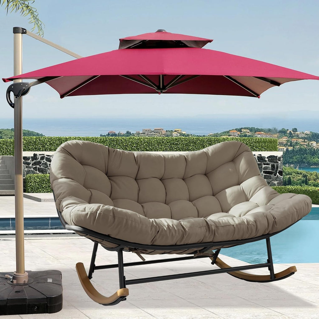 Double Outdoor Papasan Rocking Chair, Oversized Papasan Loveseat with 6' Weatherproof Cushion & PE Rattan Frame, All-Weather Patio Furniture for 2 Adults,Khaki