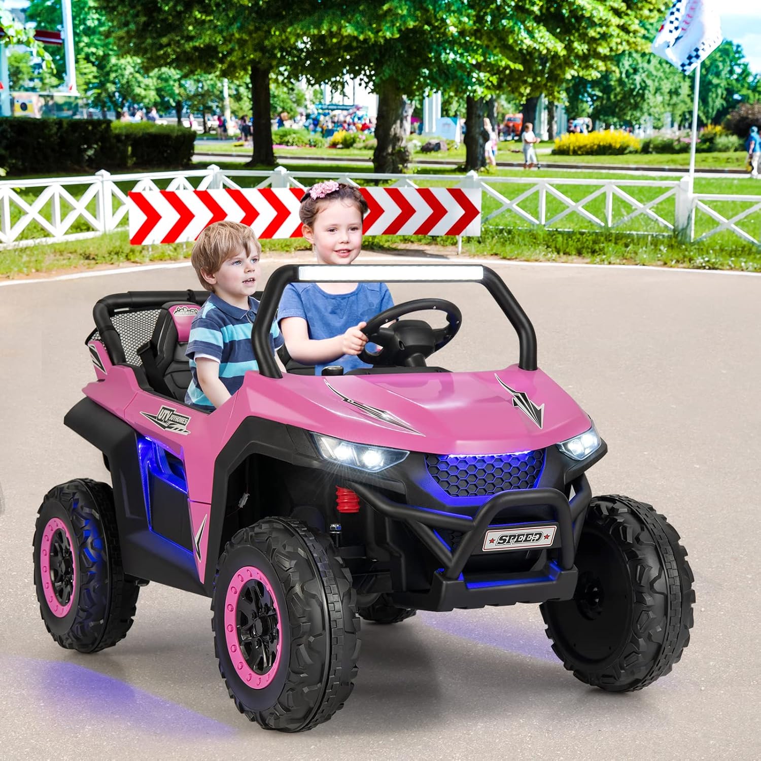 Costzon 2-Seater Ride on Car for Kids, 12V Kid' Electric Vehicles w/Remote Control, 4 Shock Absorbers, Wireless Music & FM, 3 Speeds, Ambiance Lights, Electric UTV, Kids Car for Boys Girls (Pink)
