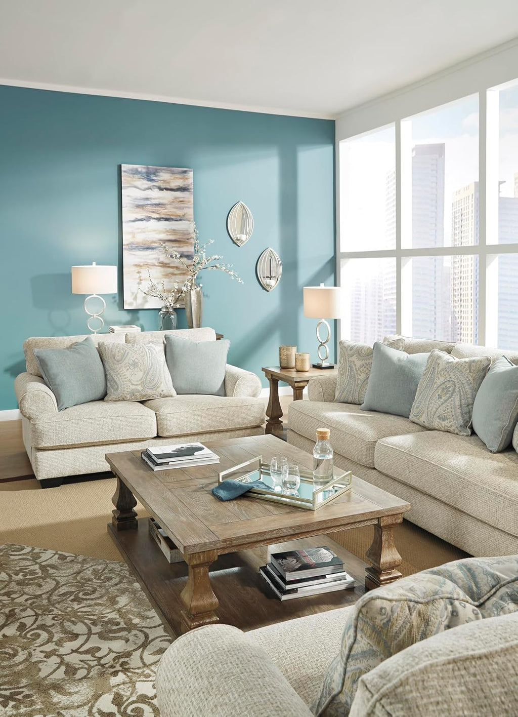 Signature Design by Ashley Monaghan Vintage Loveseat with Accent Pillows, Reversible Cushions and Rolled Arms, Beige