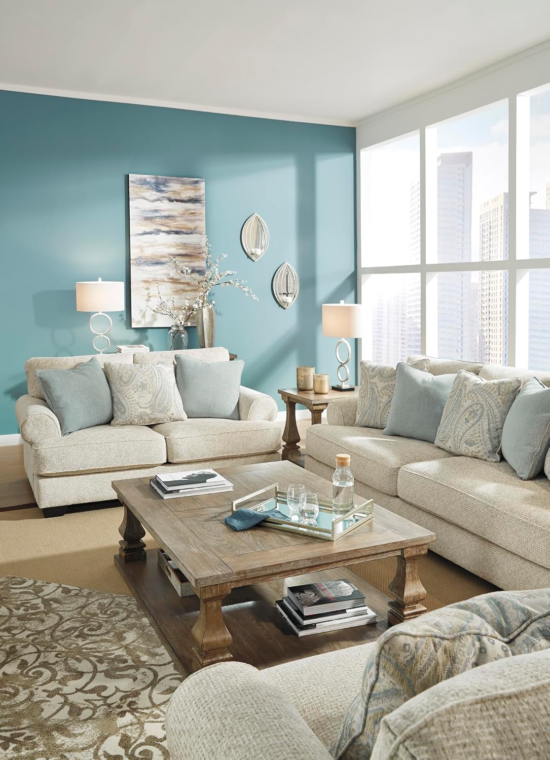 Signature Design by Ashley Monaghan Vintage Loveseat with Accent Pillows, Reversible Cushions and Rolled Arms, Beige