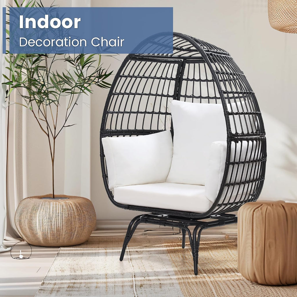 Murago Oversized 360° Swivel Rattan Egg Chair for Adult, Indoor Outdoor Patio Large Wicker Egg Chair with Overstuffed Cushions, 440lb Weight Capacity, Black Rattan with Beige Cushion