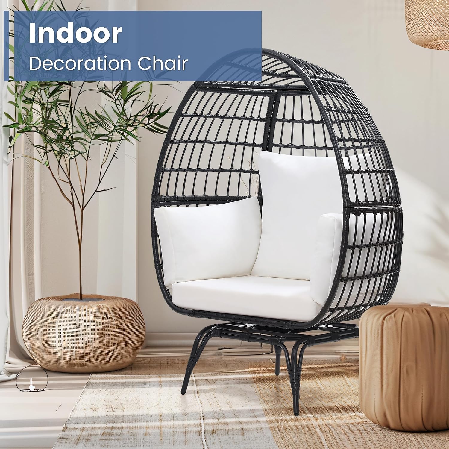 Murago Oversized 360° Swivel Rattan Egg Chair for Adult, Indoor Outdoor Patio Large Wicker Egg Chair with Overstuffed Cushions, 440lb Weight Capacity, Black Rattan with Beige Cushion