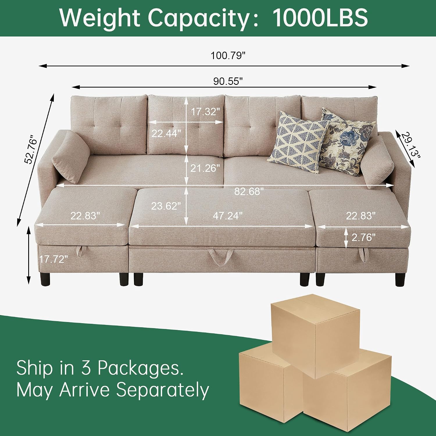 Convertible Sectional Sofa with Storage Ottoman Bench, 101' U Shaped Couch 4-Seat Sofa Set for Living Room/Apartment, Sectional Couch with Movable Ottoman, Beige