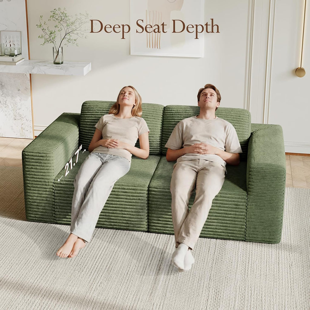 Vesgantti 80' Modular Sectional Sofa, Corduroy Cloud Couch with Deep Seating & Spring Support, 2 Seater Compact Modular Couch, Boneless Sectional Sofa for Small Spaces, No Assembly Required, Green