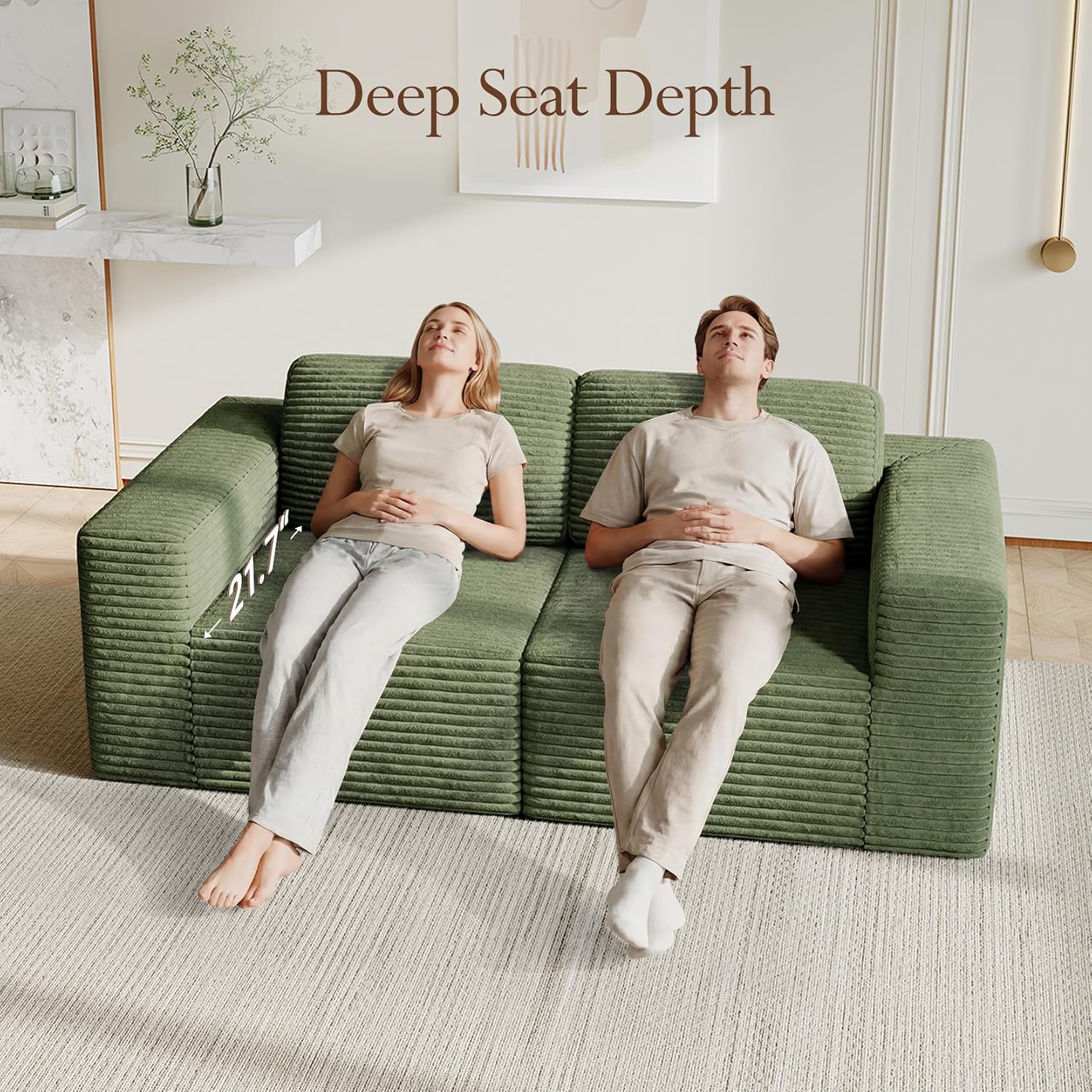 Vesgantti 80' Modular Sectional Sofa, Corduroy Cloud Couch with Deep Seating & Spring Support, 2 Seater Compact Modular Couch, Boneless Sectional Sofa for Small Spaces, No Assembly Required, Green