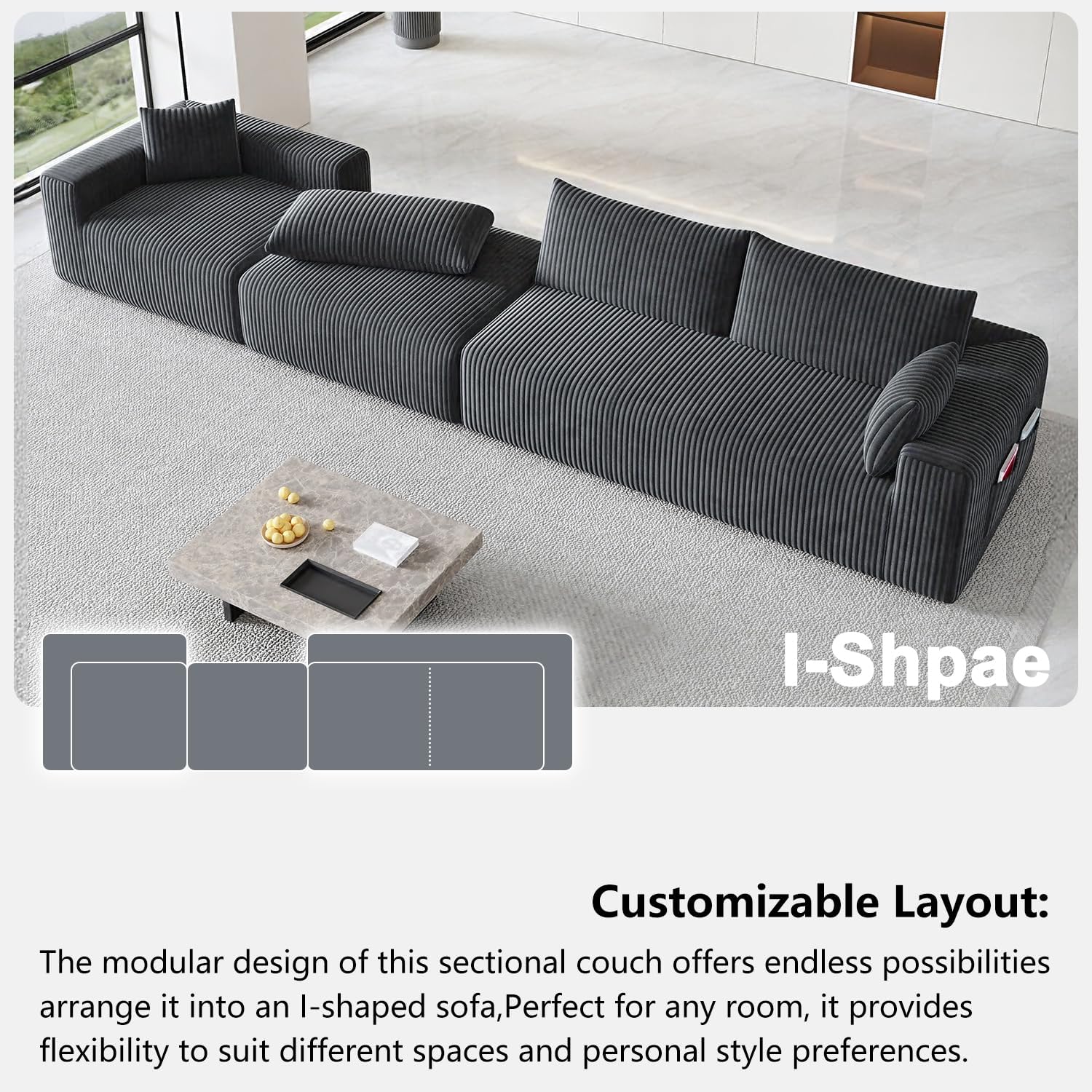 108' Cloud Couch Modular Sectional Sofa for Living Room,L Shaped Boneless Couch with Deep Seat Chaise,No Assembly Required Foam Sleeper Sofa for Apartments,Plush Corduroy Fabric, Dark Gray