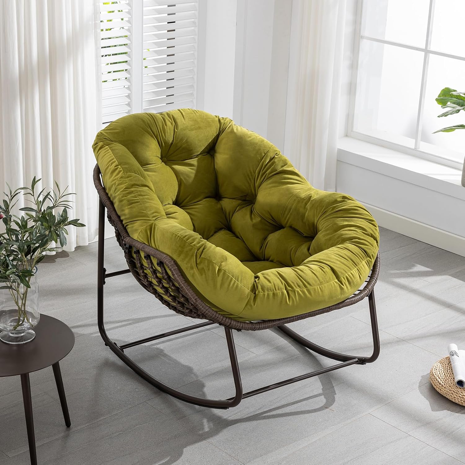 Papasan Rocking Chairs Outdoor Indoor, Oversized Rattan Rocker Patio Chair with Padded Cushion, Comfy Modern Indoor Egg Chair for Living Room, Bedroom, Porch, Garden, Balcony(Velvet, Olive Green)