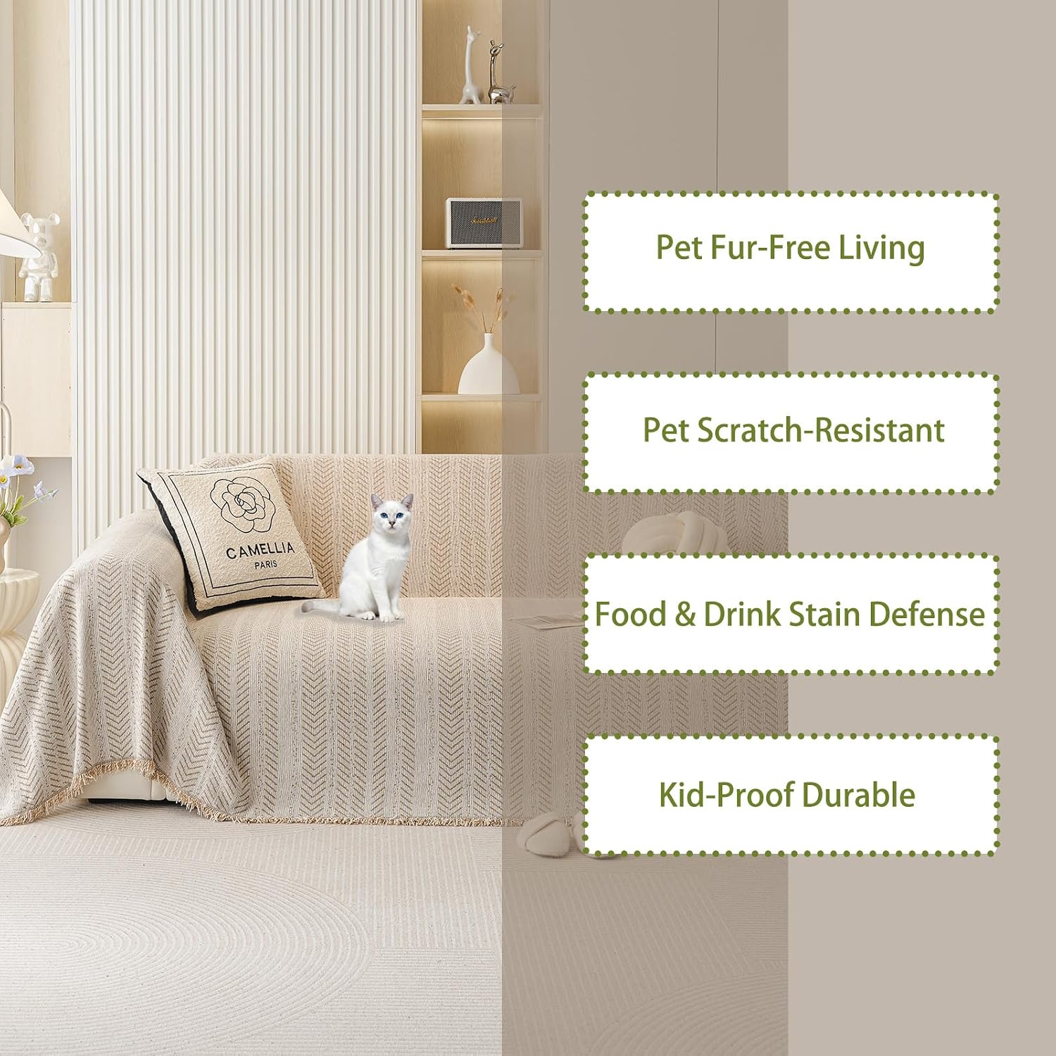 Chenille Sofa Throw Blanket with Herringbone Pattern and Tassel Edges, Thick & Soft Couch Cover, Machine Washable, Anti-Slip, Pet-Friendly, Fits 3/4-Seater (Beige, 71″x165″)