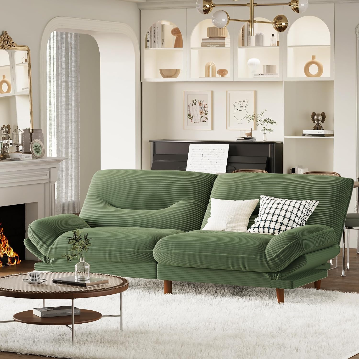 Homall Futon Sofa Bed, Modern Loveseat Futon Couch with Adjustable Backrest and Armrests, Sleeper Sofa Bed with Wood Frame for Living Room, Office, Apartment (Corduroy, Green)