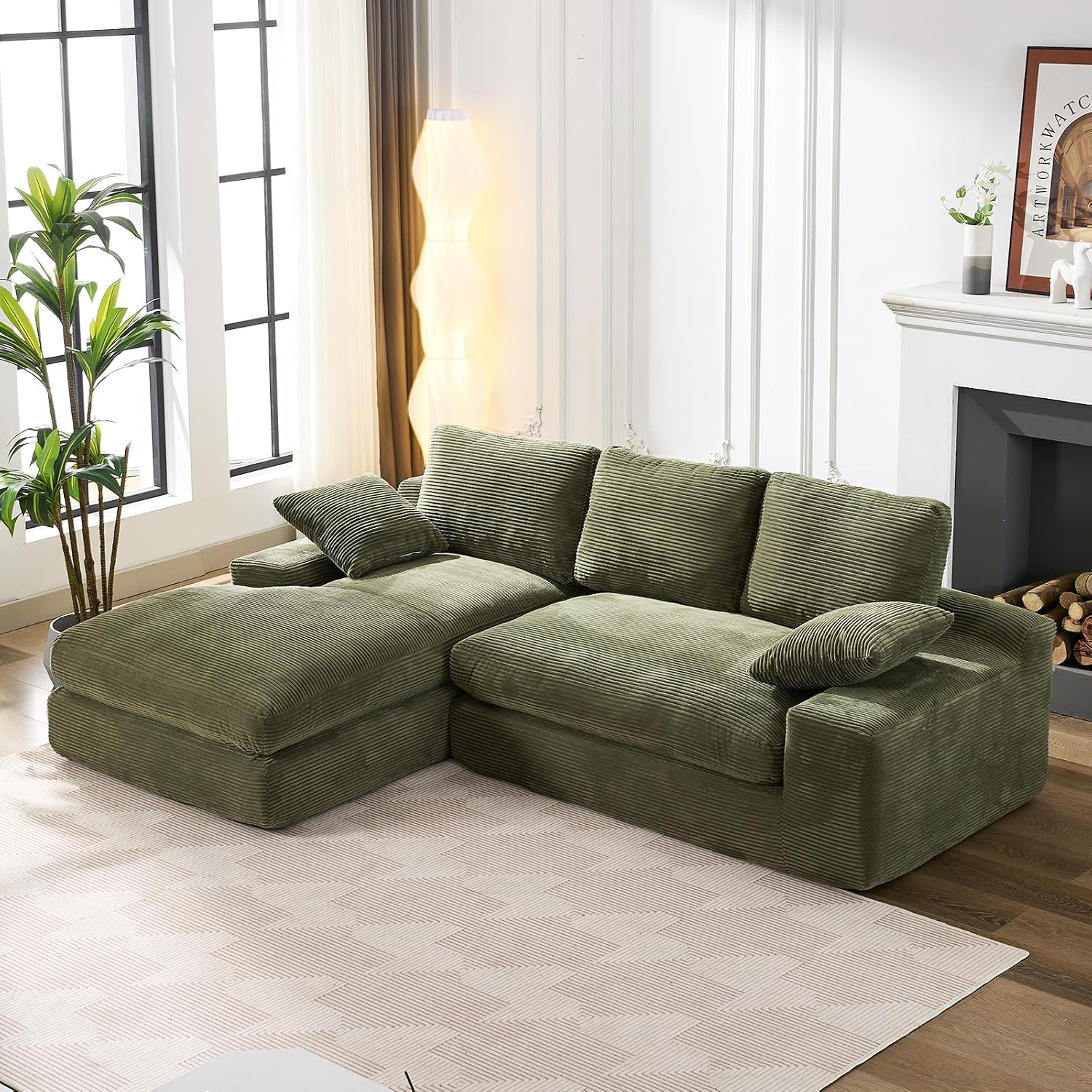 98.4' Green Sectional Sofa Cloud Modular Sectional Couch with Chaise,Corduroy Sectional Couches L-Shaped Modern Upholstered Sofa with Deep Seat for Living Room and Bedroom,No Assembly Required(Green)