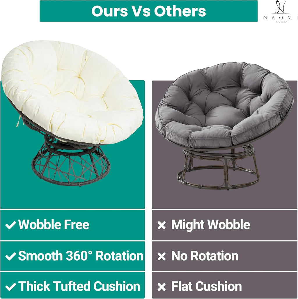 Naomi Home 40' Papasan Chair Indoor with Cushion and Frame – Round Wicker Papasan Chair with Thick Tufted Cushion, Sturdy Metal Base, Large Reading Chair for Bedroom & Living Room, Cream
