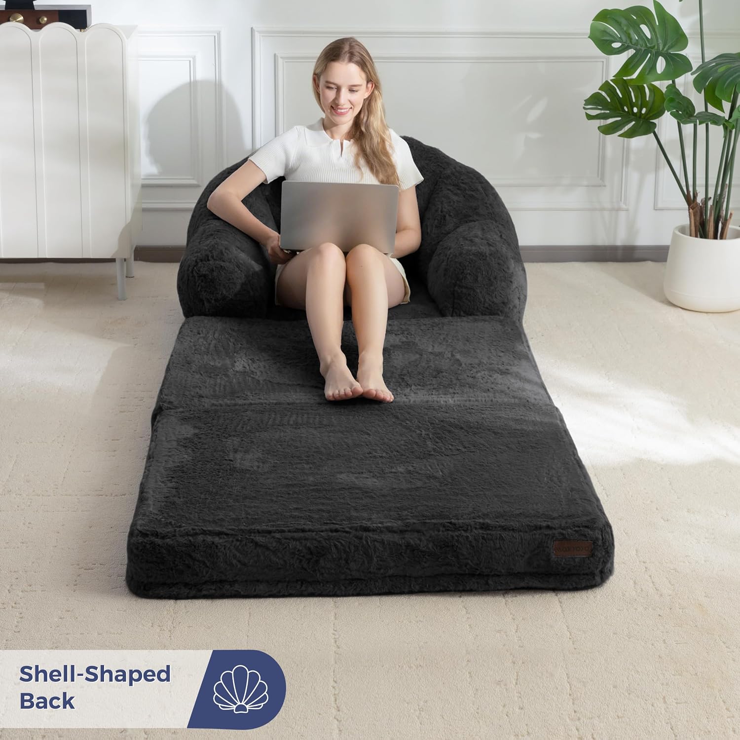 MAXYOYO Folding Sofa Bed, 2 in 1 Convertible Sofa to Lounger Comfy Single Bean Bag Chair for Adults, Floor Sleeper Couch with Handle, Faux Fur Couch Bed for Living Room Bedroom, Black