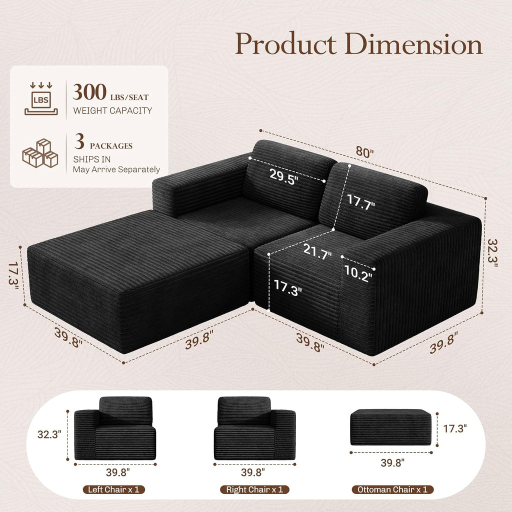Vesgantti 80' Modular Sectional Sofa, Corduroy Cloud Couch with Deep Seats & Spring Support, Compact 2 Seater Boneless Couch, L-Shaped Modular Sofa for Small Spaces, Apartments, No Assembly, Black