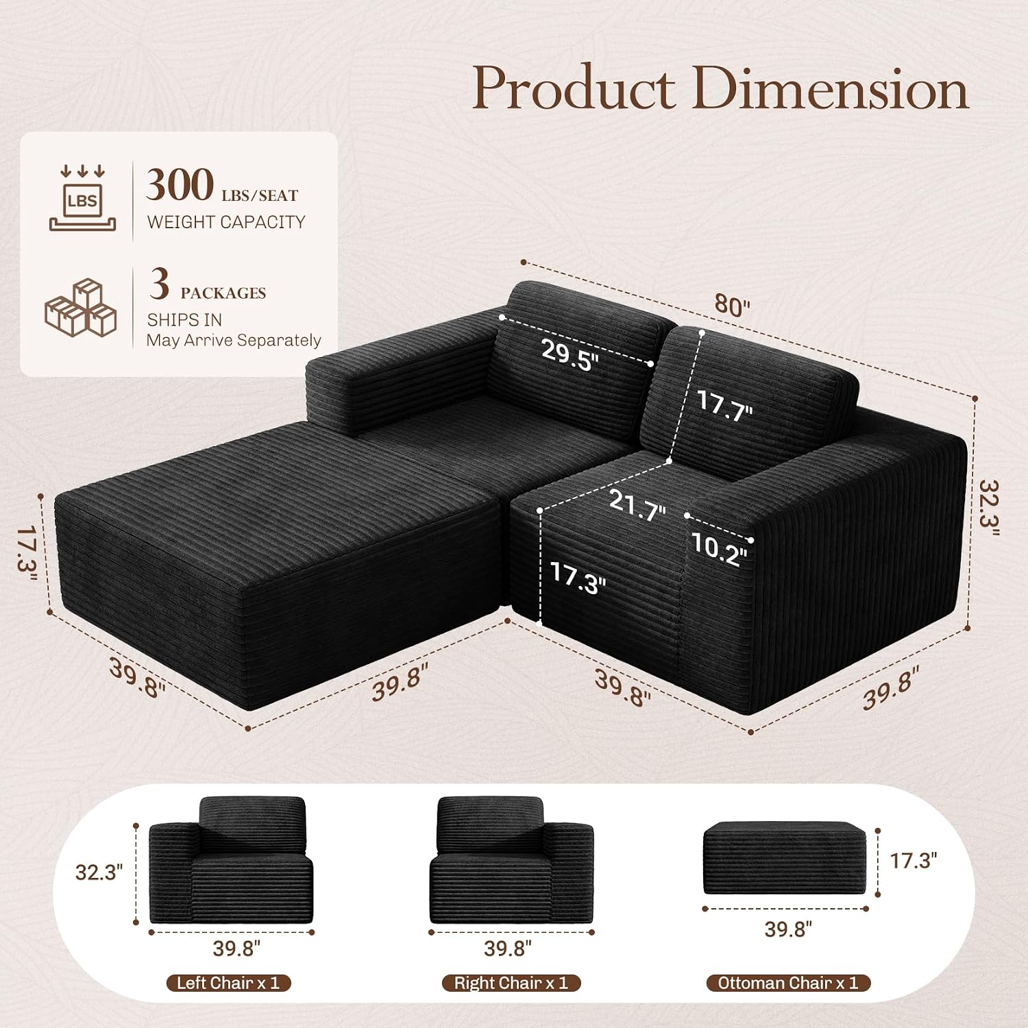Vesgantti 80' Modular Sectional Sofa, Corduroy Cloud Couch with Deep Seats & Spring Support, Compact 2 Seater Boneless Couch, L-Shaped Modular Sofa for Small Spaces, Apartments, No Assembly, Black