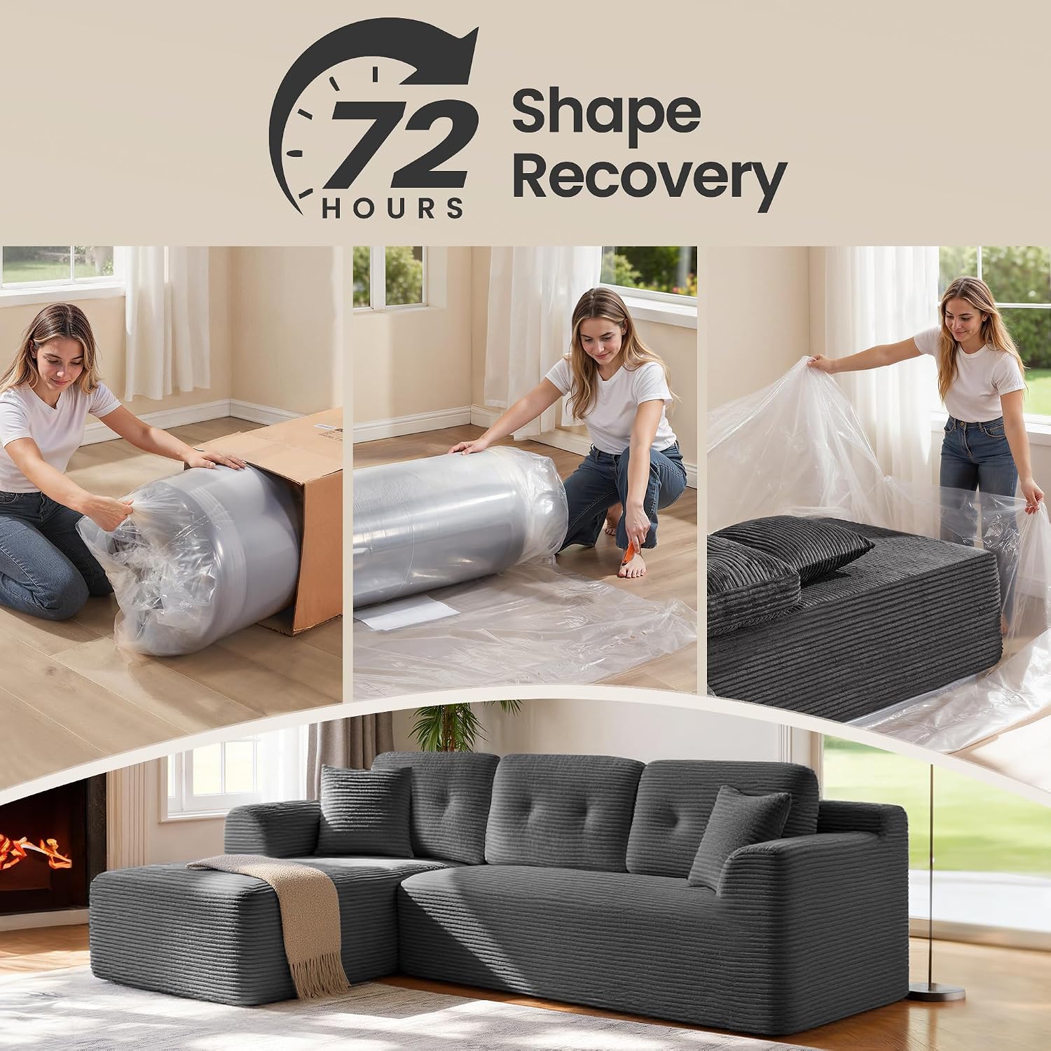 VASAGLE Boneless Couch, Modern Cloud Couch with Deep Seat, Corduroy Sofa for Living Room, Bedroom, Modular Sectional Sofa with Left-Facing Chaise, 108.3 Inches, Slate Gray ULCS181GN01
