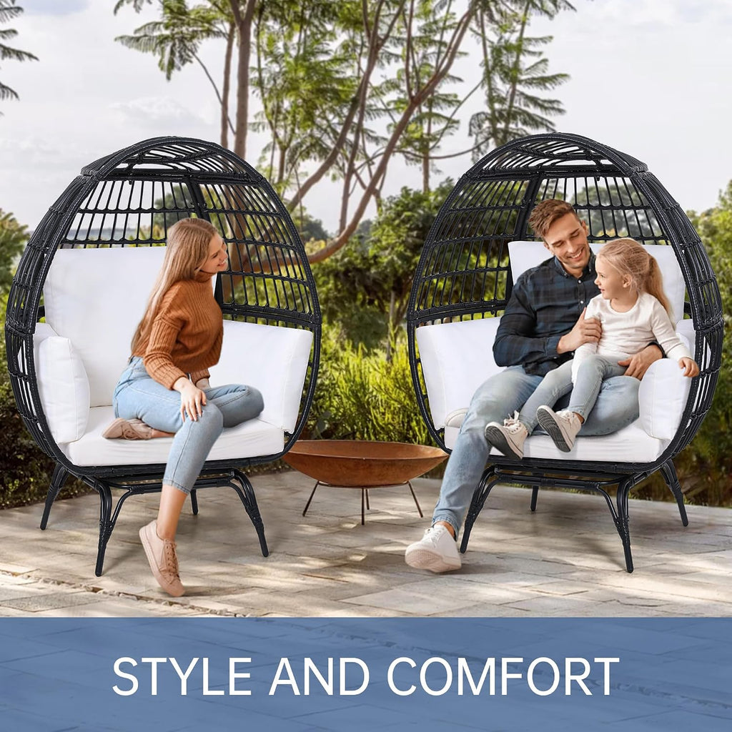 Murago Oversized 360° Swivel Rattan Egg Chair for Adult, Indoor Outdoor Patio Large Wicker Egg Chair with Overstuffed Cushions, 440lb Weight Capacity, Black Rattan with Beige Cushion