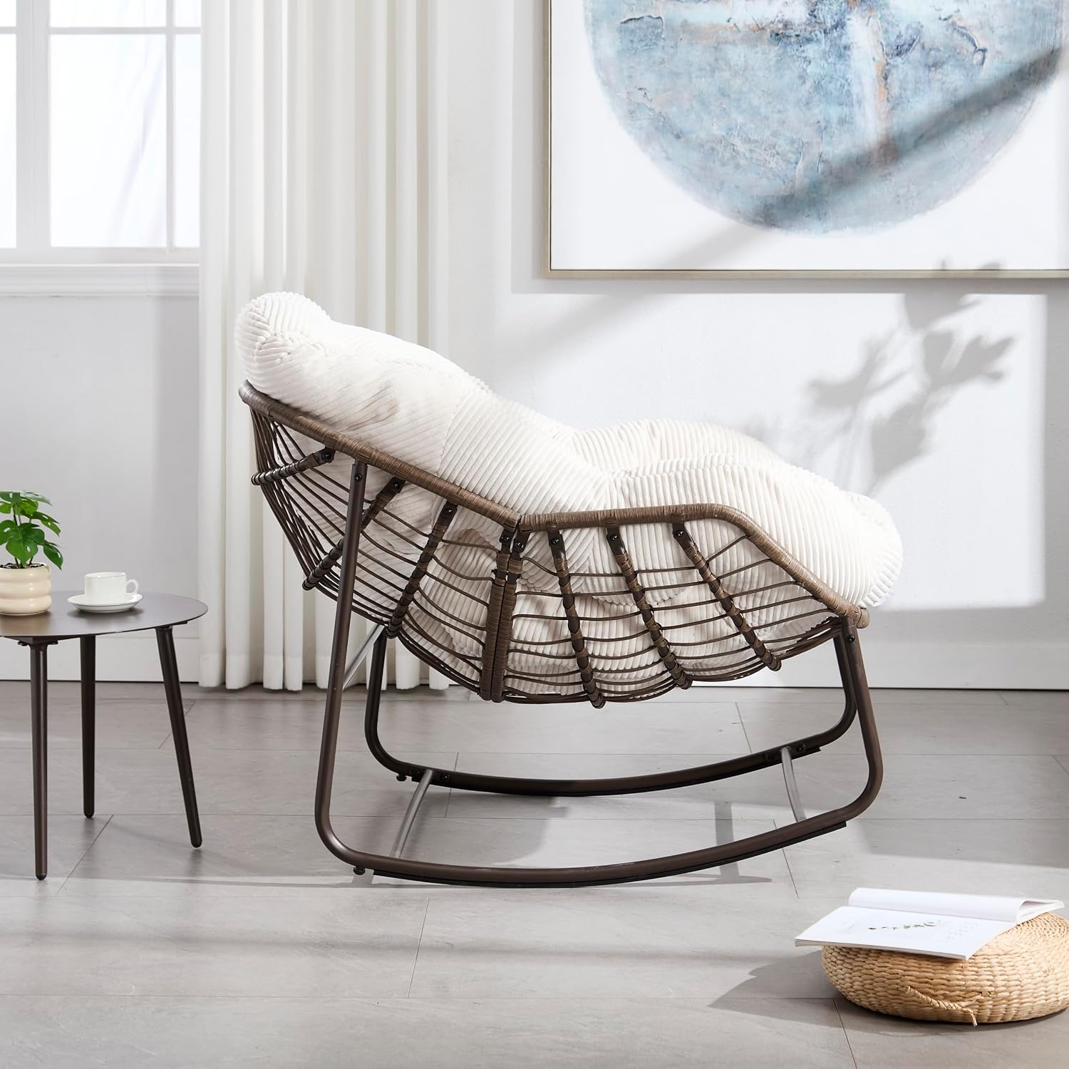 Oversized Indoor Outdoor Rocking Papasan Chair, Rattan Wicker Egg Rocking Chair with Steel Frame & Thick Corduroy Cushion, Comfy Recliner Lounger for Patio, Backyard, Balcony, Garden, White