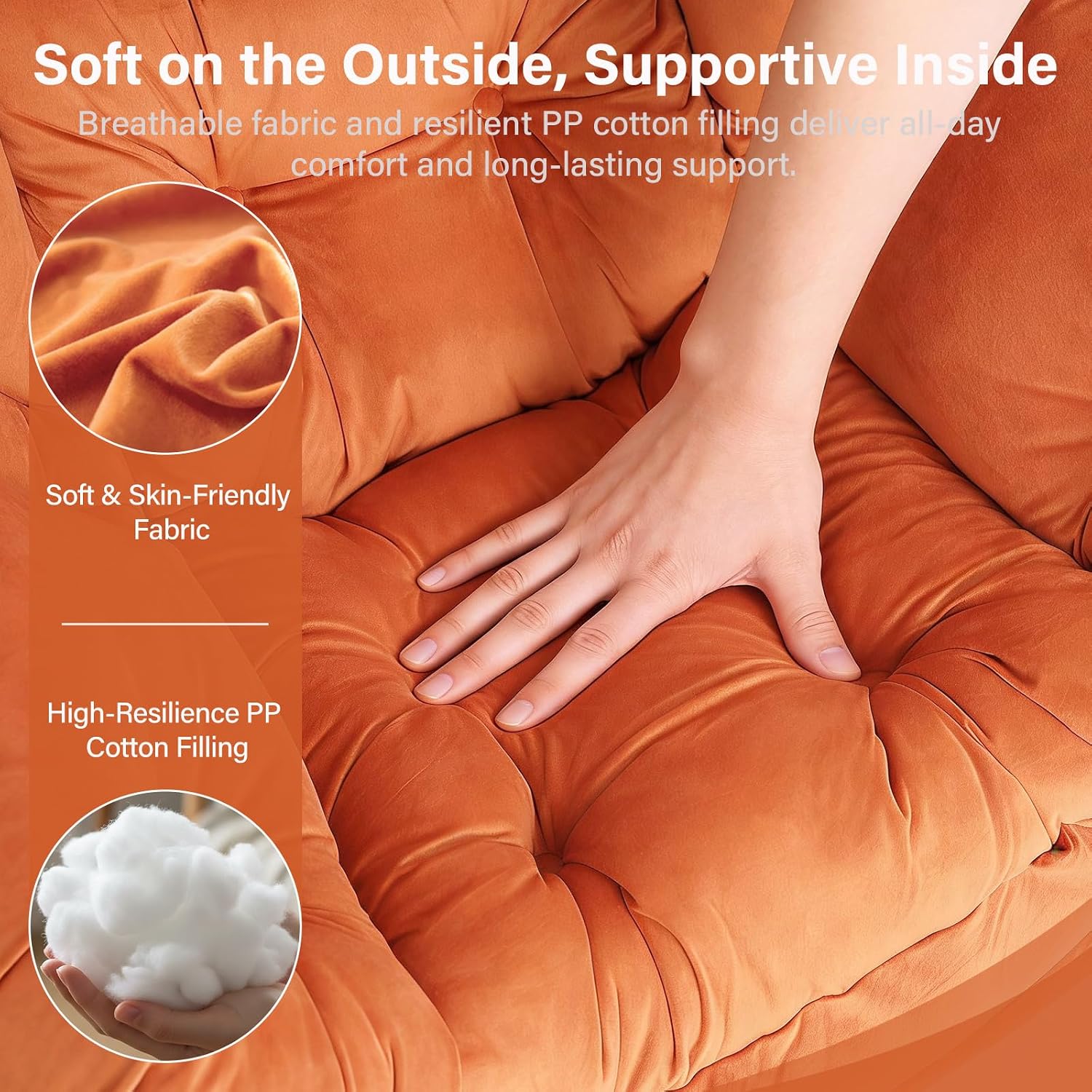 MBOOYOME Lazy Chair with Folding Ottoman, Modern Accent Armchair with Armrests, Side Pocket & Foldable Footstool, Reading Chair for Living Room, Bedroom, Dorm & Office, Velvet Orange