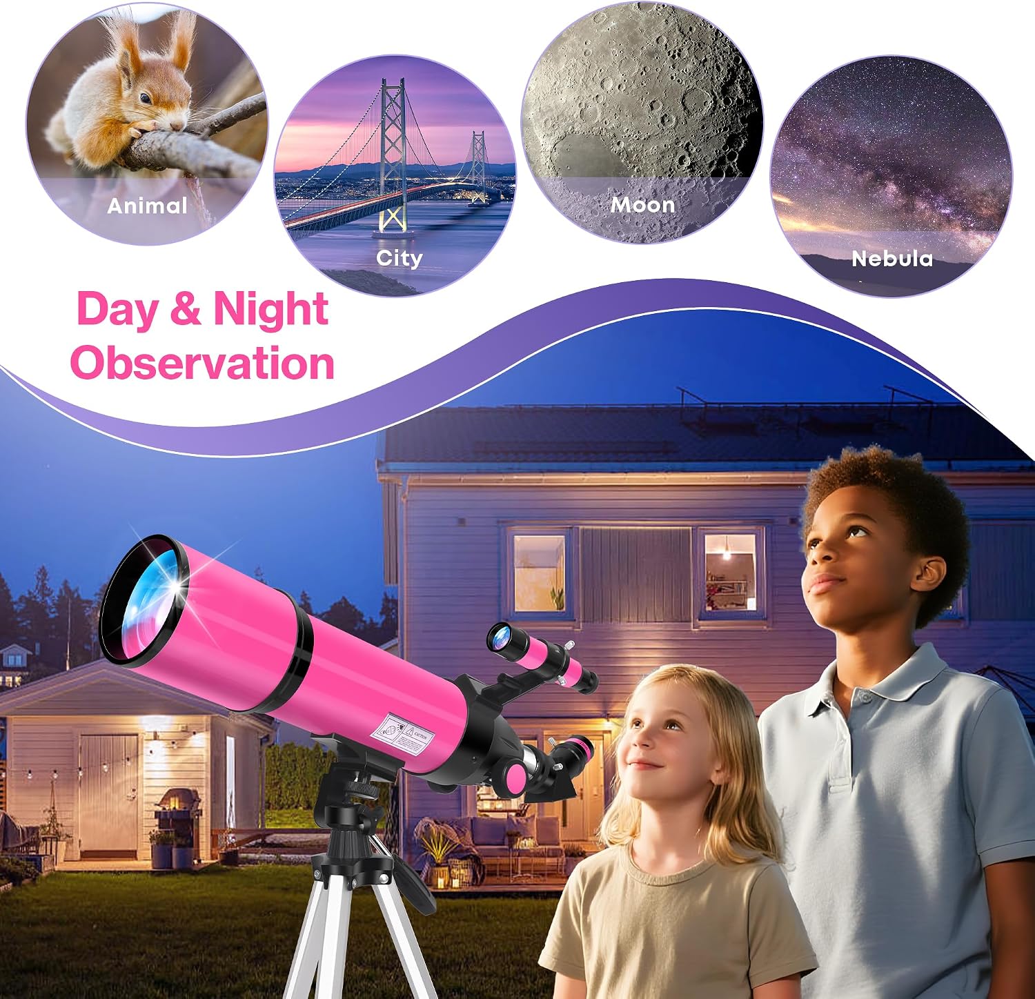 Telescope for Adults High Powered, 80mm Aperture 600mm Telescopes for Astronomy Adults&Kids&Beginners, Portable Travel Refractor Telescope with Tripod&Phone Adapter&Bag for Ground&Moon Viewing, Pink