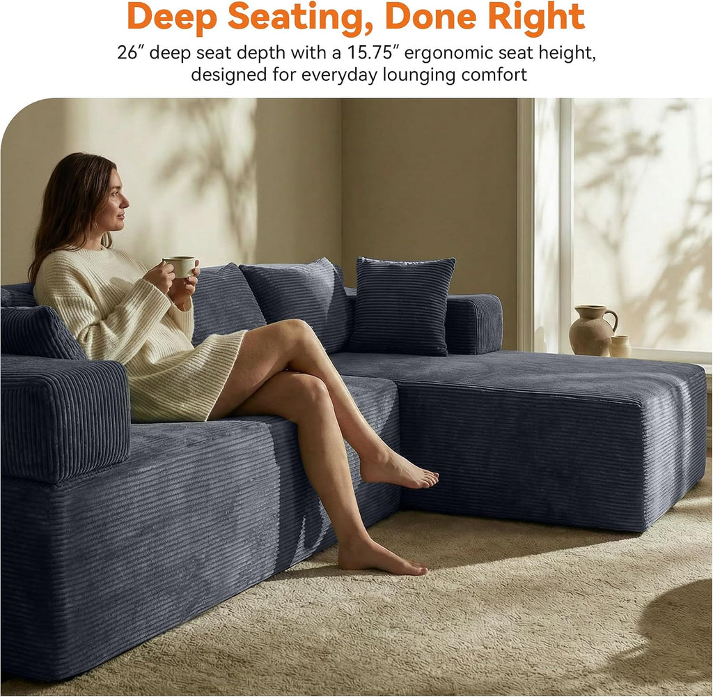 MONVANE 106' Cloud Sectional Couch with L-Shaped Chaise, Modular Sectional Sofa with Deep Seat and Removable Armrests, Comfy Corduroy Boneless Couches for Living Room, No Assembly Required, Grey