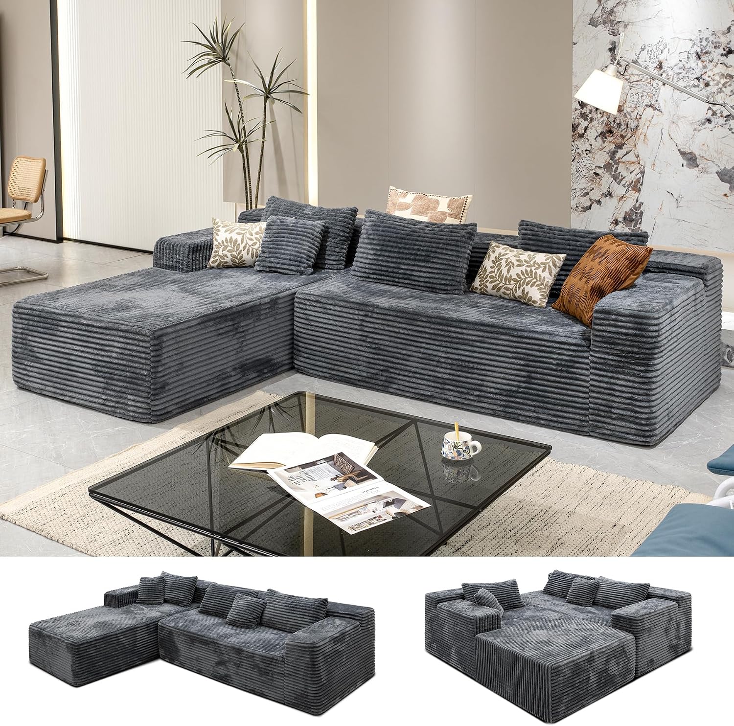 Sectional Couches for Living Room Corduroy Couch, 104' Cloud Boneless Couch with L-Shape Chaise, Modern Modular Sofa, Deep Seat Comfort, No Assembly Required(Plush Corduroy, Left Facing Chaise)