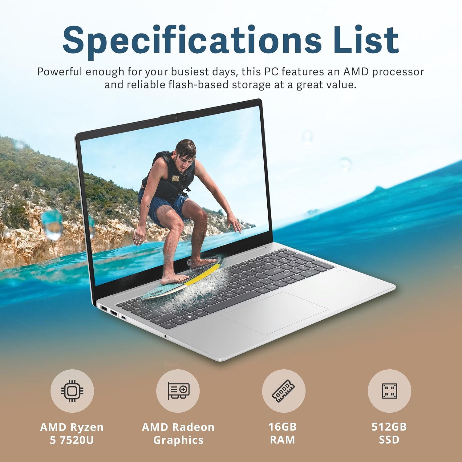 HP 15.6' FHD Business Laptop, AMD Ryzen 5 7520U Processor, 16GB RAM, 512GB PCIe SSD, AMD Radeon Graphics, Bluetooth, HD Webcam, Wi-Fi, Windows 11 Pro, Silver, 32GB Hotface USB Card