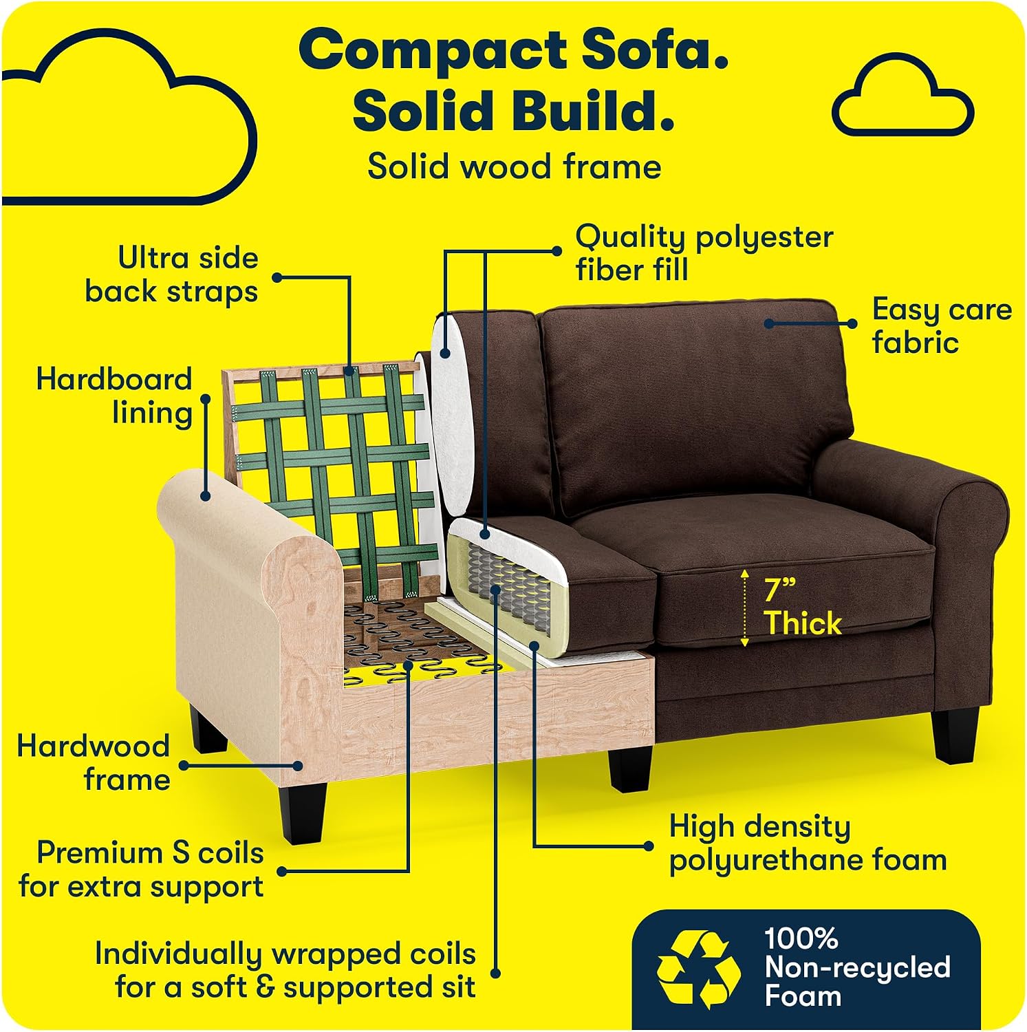 Serta Copenhagen 61' Rolled Arm Sofa, Easy Care Polyester, Soft Pillow Back, Pocket Coil Seat Cushions, Removable Covers, Loveseat or Couch for Small Spaces, Living Rooms or Bedrooms, Brown