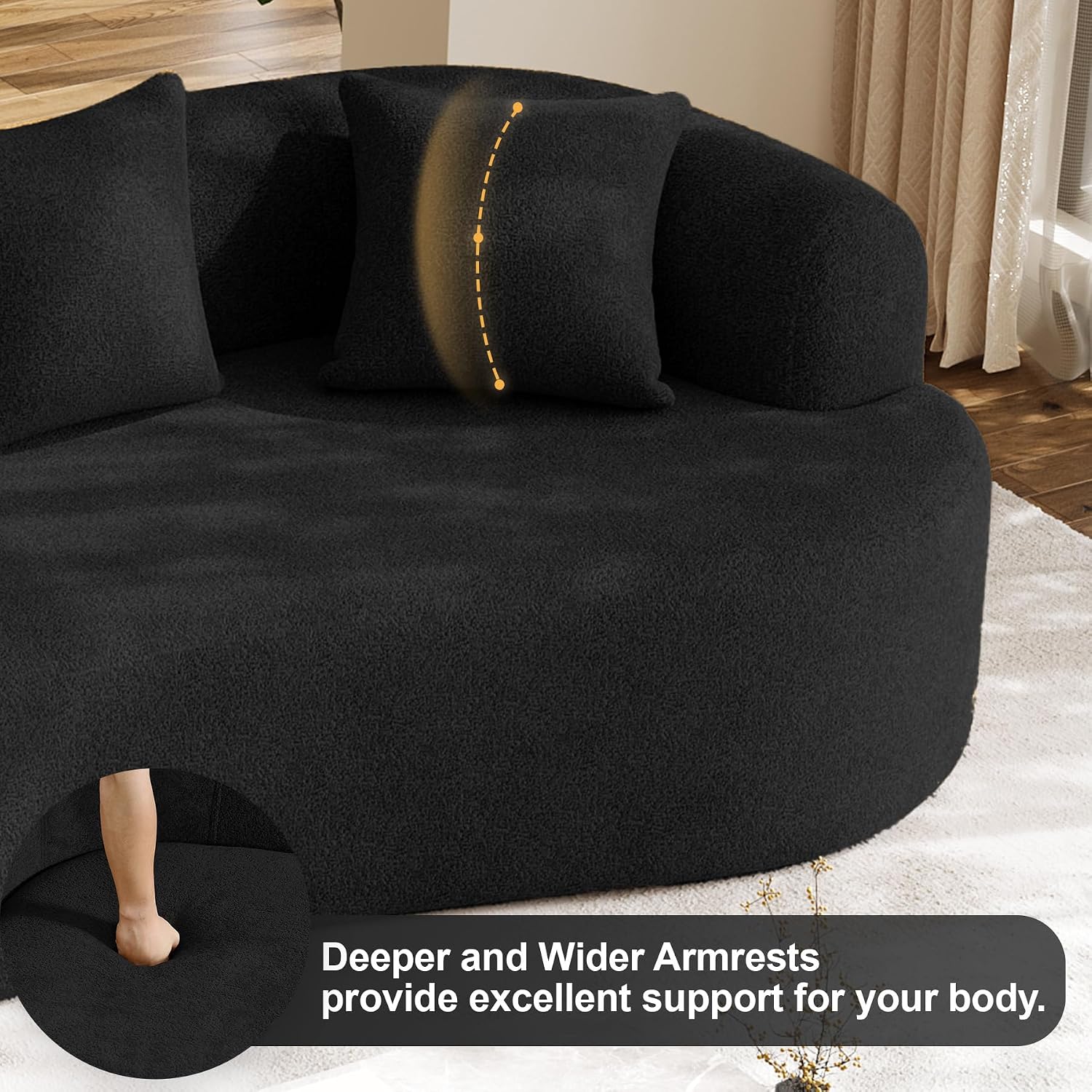 Oversized Sectional Sofa for Living Room, Modern Luxury Plush Chenille 4-Seater Extra Deep & Wide Seat Curved Cloud Couch with 4 Throw Pillows, No Assembly Needed, Black