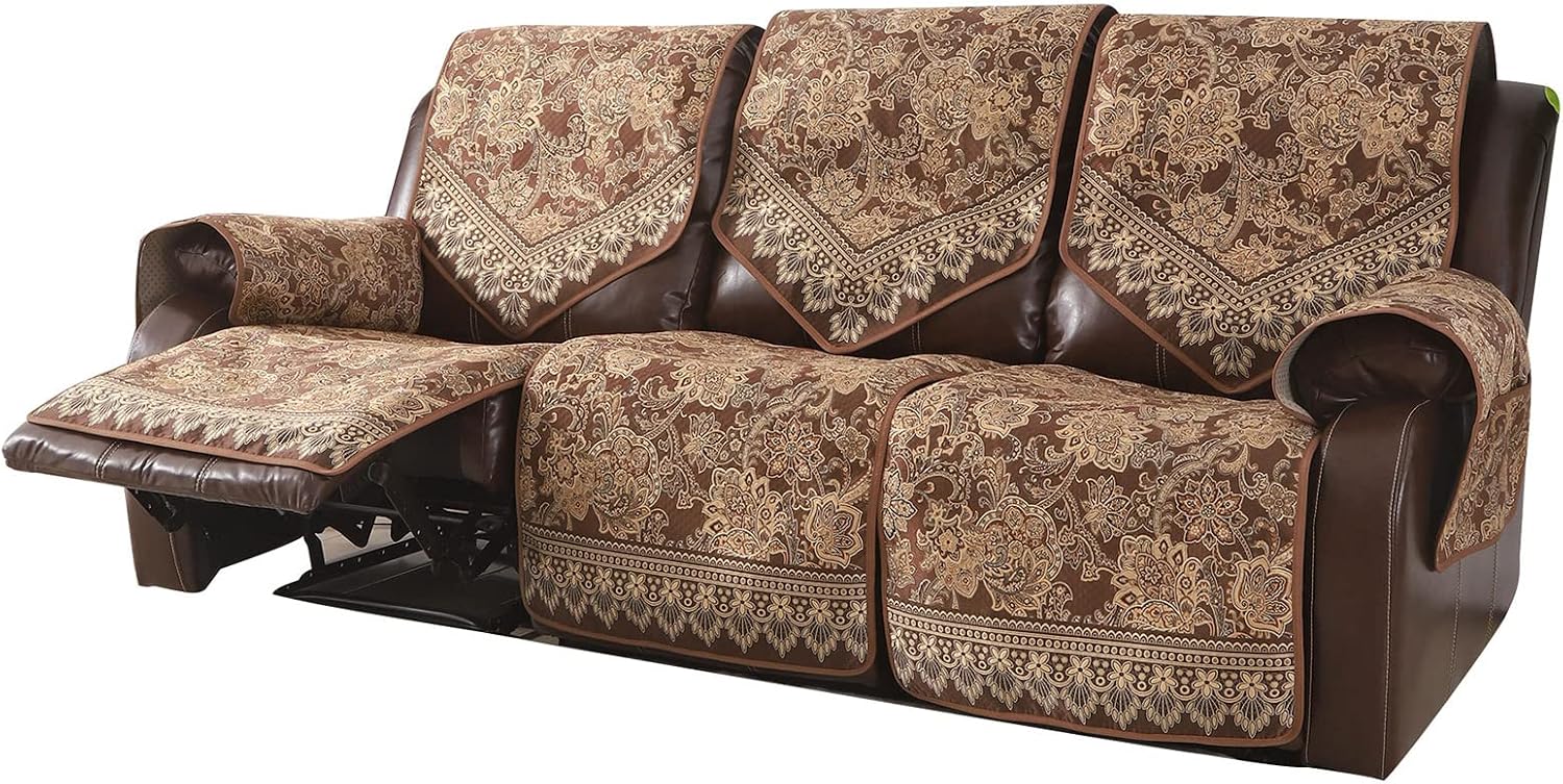 Waterproof Recliner Sofa Covers Non-Slip Recliner Couch Covers for 3 seat, Split Washable Jacquard Reclining Couch Covers Furniture Protecto (Brown, 3 Seater)